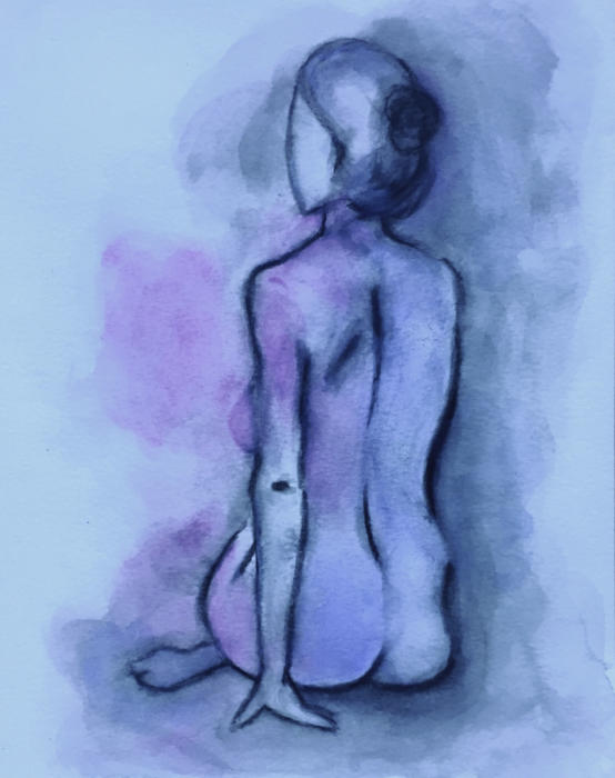 Sitzende Frau blau/rosa